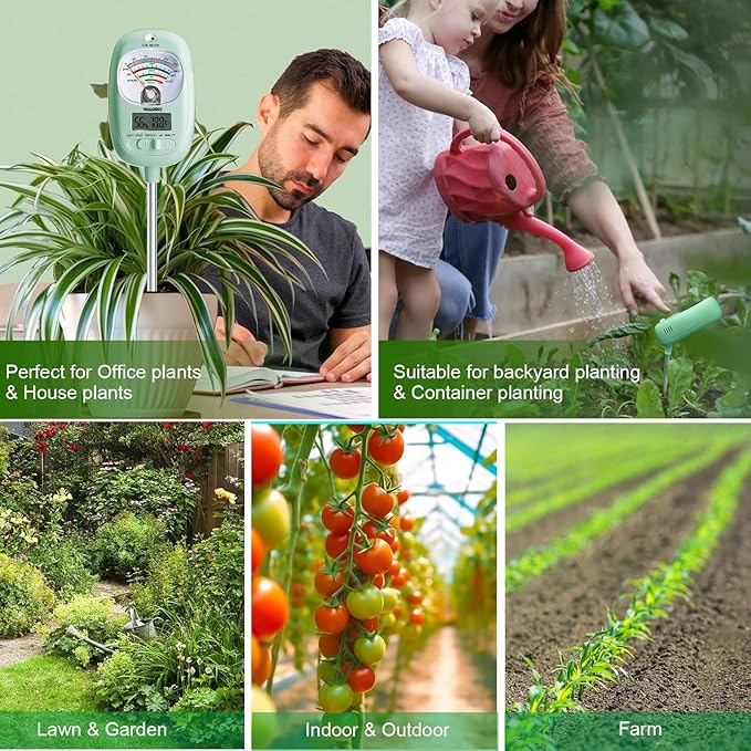 HSLGOVE Soil Test Kit, 7-in-One Soil Moisture Meter/Soil PH Meter/Fertility, Dual Screen Soil Tester w/Digital Soil Temp/Air Temp&Humidity for Plants Gardening,Lawn,Farm Indoor&Outdoor-Mint Green