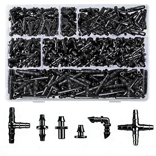 Dianrui 220 PCS Drip Irrigation Kit, Drip Irrigation Parts 1/4'' Tubing Fittings Kit for Garden Lawn Flower Sprinkler Systems-End Plug/ 4-Way Connector/Single barbs/Straight Barbs/Oblique Barbed Tees