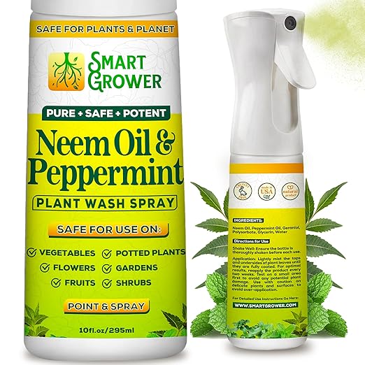 Neem Oil Spray for Plants with Peppermint Oil, Natural Plant Wash Made for Indoor and Outdoor Plants Smart Grower 10oz Easy Ready-to-Use Fine-Mist Premium Sprayer