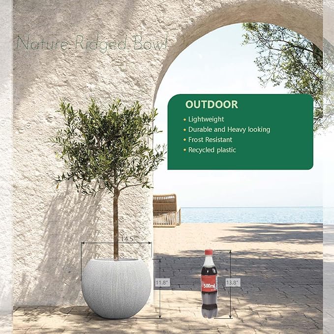 14.5"Dia Large Gray Round Plastic Planter with Drainage Hole & Plug, Textured Lightweight Plant Pot, Shatterproof & UV Resistant for Indoor Outdoor Patio, Modern Decor (11.8"H x 8.9" Opening)