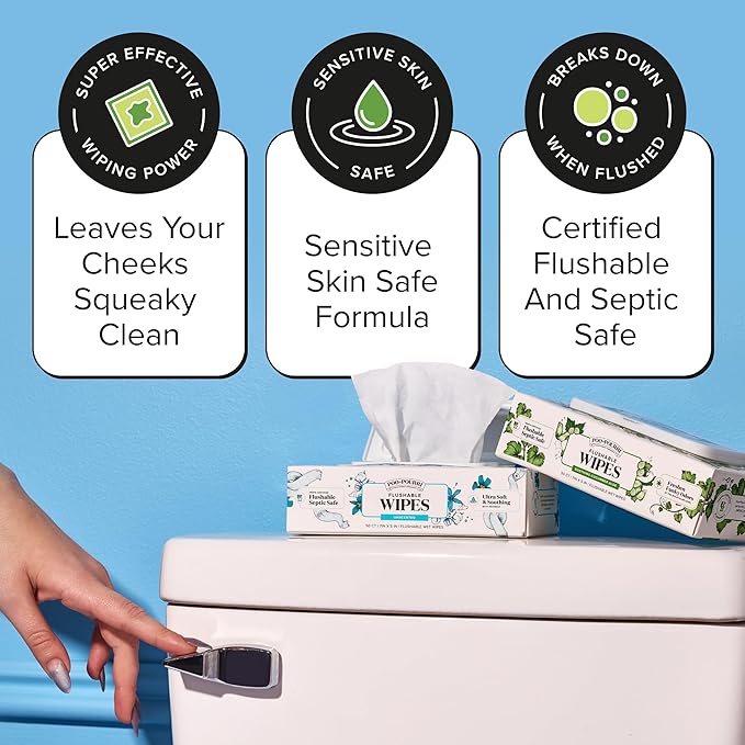 Poo~Pourri Flushable Wipes - Made with Plant Based Fibers, Aloe, & Vitamin E - Adult Wet Wipes - Cucumber & Aloe Essential Oils scent - Septic & Sewer Safe - 3-pack (150 total) with Dispenser Boxes