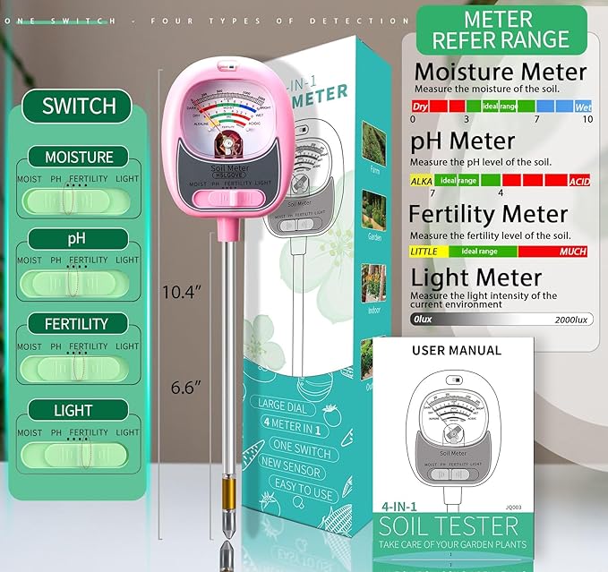 HSLGOVE 4-in-1 Soil Test Kit – Soil Moisture Meter, pH, Fertility & Sun-Light, No Battery Required, Large Dial Soil Tester for Indoor & Outdoor Gardening, Lawn, Farm –Baby Pink