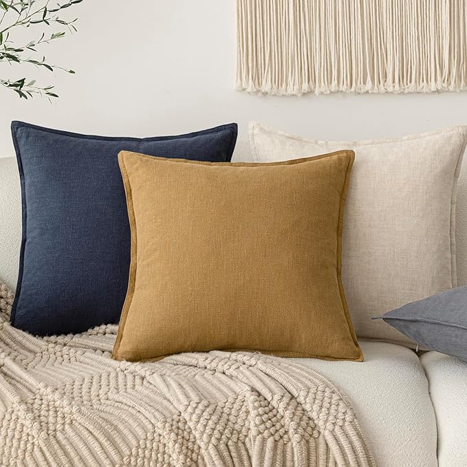 Foindtower Pack of 2, Decorative Linen Soild Throw Pillow Covers Soft Accent Cushion Case Boho Farmhouse Pillowcase for Chair Couch Sofa Bedroom Living Room Home Decor 24 x 24 Inch Honey Mustard