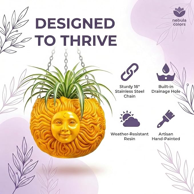 Nebula Colors Fun & Unique Sun Face Hanging Planter Quirky Celestial Decor for Plant Lovers – Indoor Outdoor Flower Basket for Succulents & Small Plants – Decorative Garden Yard Art