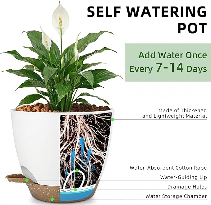Plant Pots 8/7.5/7/6.5/6 Inch Self Watering Pots,5 Pack Planters with Drainage Holes and Saucers,Plastic Flower Pots,Nursery Planters for Indoor Outdoor Plants (White)