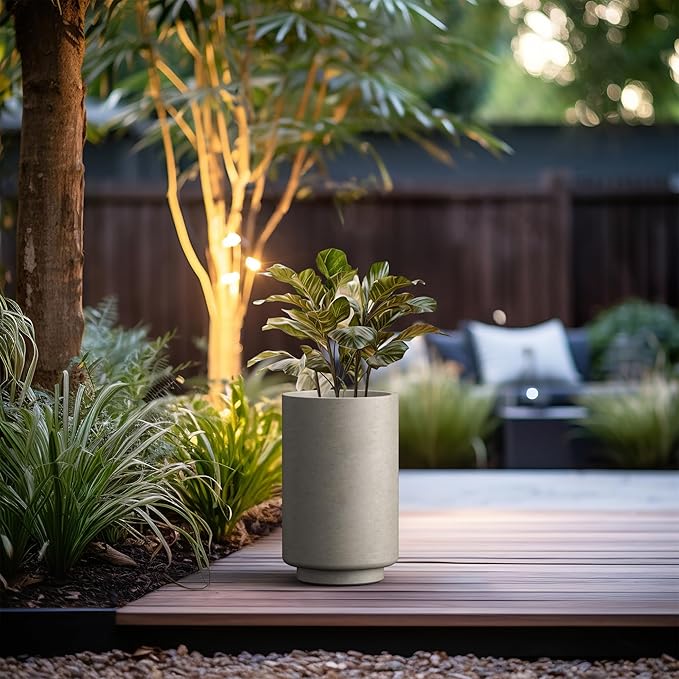 Kante 20.1 Inch Tall Concrete Planter, Round Pedestal Design Garden Pot for Indoor Outdoor Plants, Modern Garden Pot with Drainage Hole, Weathered Concrete Finish with Painted Interior
