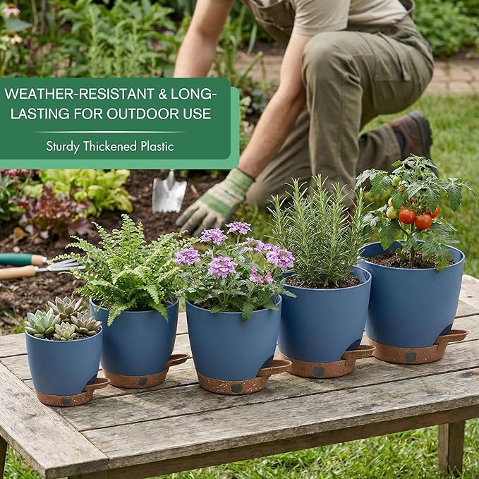 montresor 5-Pack Reservoir & Drainage Plastic Flower Pots (5/5.5/6/6.5/7 Inch) – Ocean Blue Indoor Planters with Wick System for Peace Lily, Fern, Spider Plant