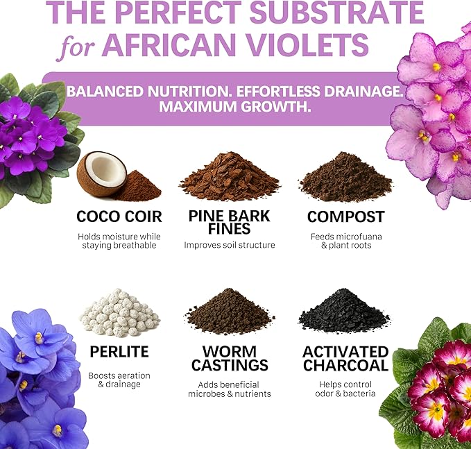 Premium African Violet Soil – Organic, Nutrient-Rich Potting Mix for Saintpaulia – Promotes Strong Roots, Consistent Moisture & Vibrant Blooms – Fast-Draining & Ready to Use (2 QTS)