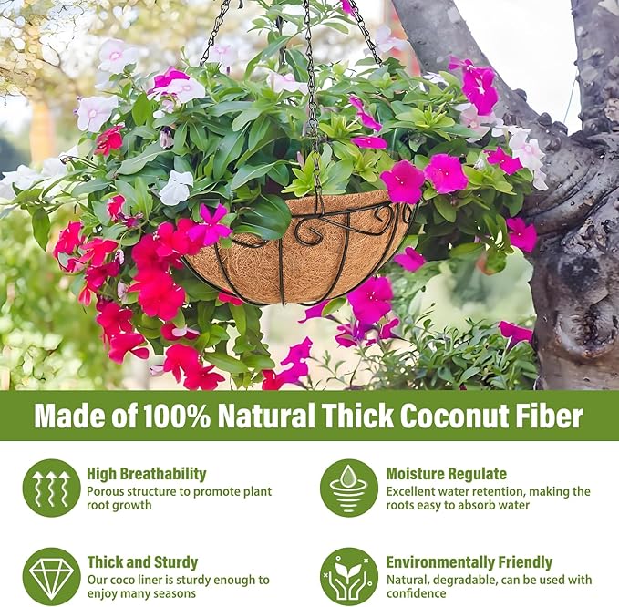 Legigo 3 Pack 12 Inch Metal Hanging Baskets for Plants Outdoor- Round Wire Hanging Planters Basket with Coconut Coir Liner, Hanging Flower Pot for Outdoor Plants Flowers Garden Decorations