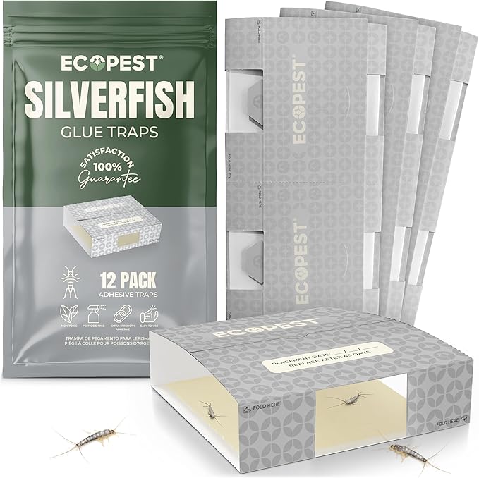 Silverfish Trap — 12 Pack | Sticky Indoor Glue Trap for Silverfish, Firebrat, and Other Bugs and Crawling Insects | Adhesive Silverfish Killer Paks, Monitor, and Detector with Natural Bait Attractant