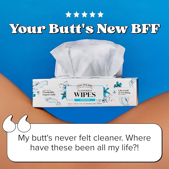 Poo~Pourri Unscented Flushable Wipes - Made with Plant Based Fibers, Aloe, Vitamin E, Chamomile, and Oat Extract - Adult Wet Wipes - 150 count - Septic & Sewer Safe - Fragrance Free Packaging May Vary