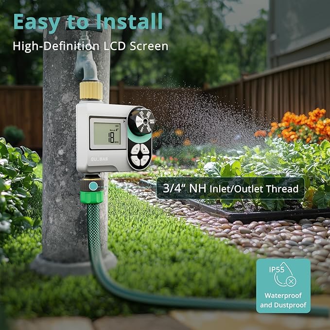 QUOBAS Brass Sprinkler Timer, Programmable Water Hose Timer for Garden Hose Faucet with Waterproof HD Screen, Rain Delay/Manual/Automatic Irrigation Watering System for Garden, Lawn, Yard