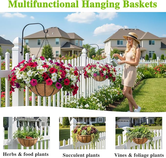 EIMQUVW Metal Hanging Planters Basket Set of 3 Hanging Flower Pots 12 Inch Chain Round Wire Plant Holder with Coco Coir Liner Garden Watering Hanging Baskets for Patio Garden Outdoor1