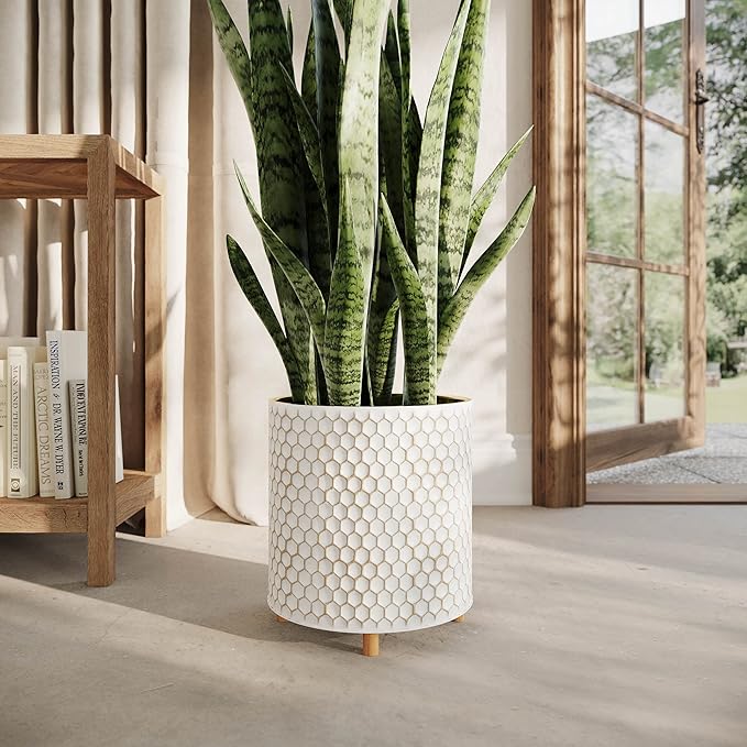 EverNest Honeycomb Gold and White Planter with Wooden Peg Leg Stand, 10-Inch Plant Pot, SelectBase, Mid-Century Modern, Indoor Home Decor Planters (Medium, 2 Gallon)