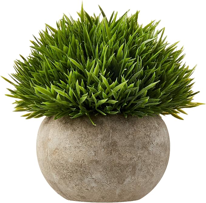 Ogrmar Mini Plastic Artificial Plants Grass in Pot/Small Artificial Faux Greenery/Mini Plants Topiary Shrubs for Bathroom, House Decorations (Green Grass)