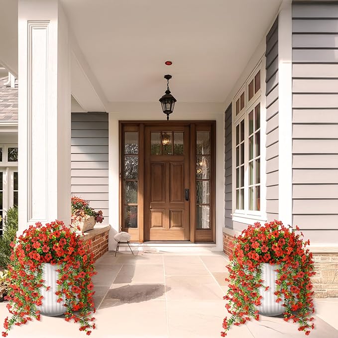 Hommyea Fake Artificial Hanging Flowers for Outdoors, 2 Pcs Fake Hanging Plant Spring Summer Decor, UV Resistant No Fade Faux Silk Daisy Flower for Front Door Porch Planter Patio Yard Garden(Red)