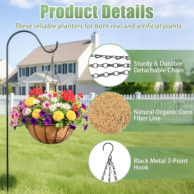 4 Pack 12 Inch Hanging Baskets for Plants Outdoor Metal Hanging Planters Round Hanging Flower Pots with Coco Coir Liner Plant Holder for Outdoor Patio Garden Balcony Decor - Watermelon