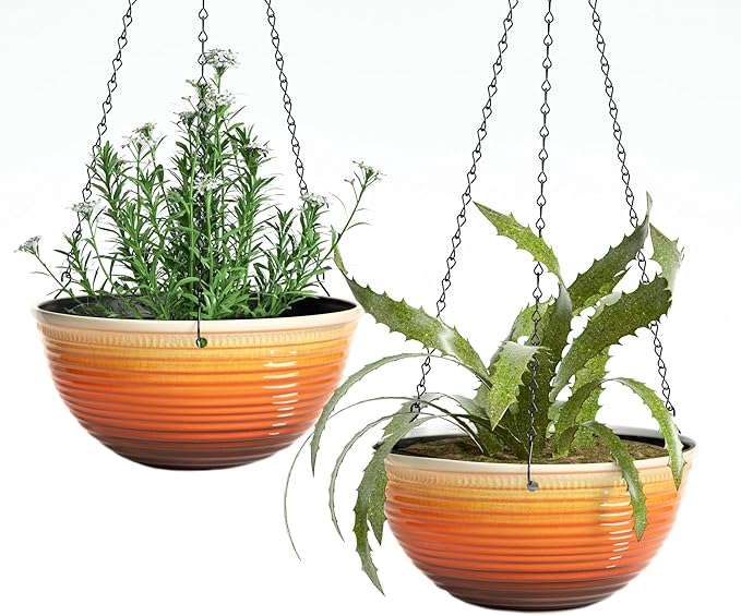 Vanslogreen 12 inch Hanging Planters for Indoor Outdoor Plants, 2 Pack Large Hanging Flower Pots with Drainage Holes and Chain, Glazed Hanging Baskets for Home Garden Decoration, Orange