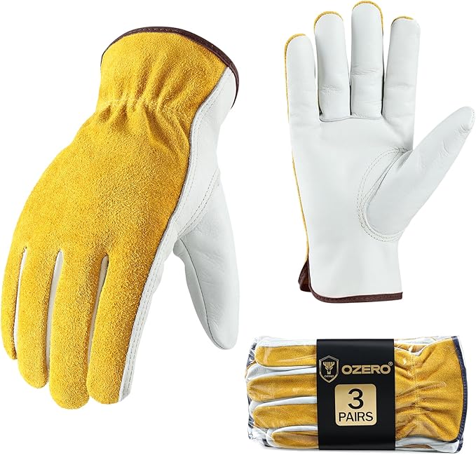 OZERO Leather Work Gloves for Men & Women, 3 Pairs Genuine Cowhide Garden Gloves, Lab Tested EN388 2143X, Flexible Grip, Breathable Unlined Comfort, Elastic Wrist (Gold/Light Cyan, Large)