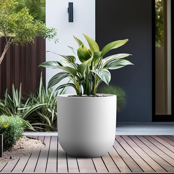 Kante 16.5" Round Concrete Planter, Large Cylinder Plant Pot with Curved Bottom and Drainage Hole, for Indoor and Outdoor Use – Garden or Patio, White Finish with Painted Interior