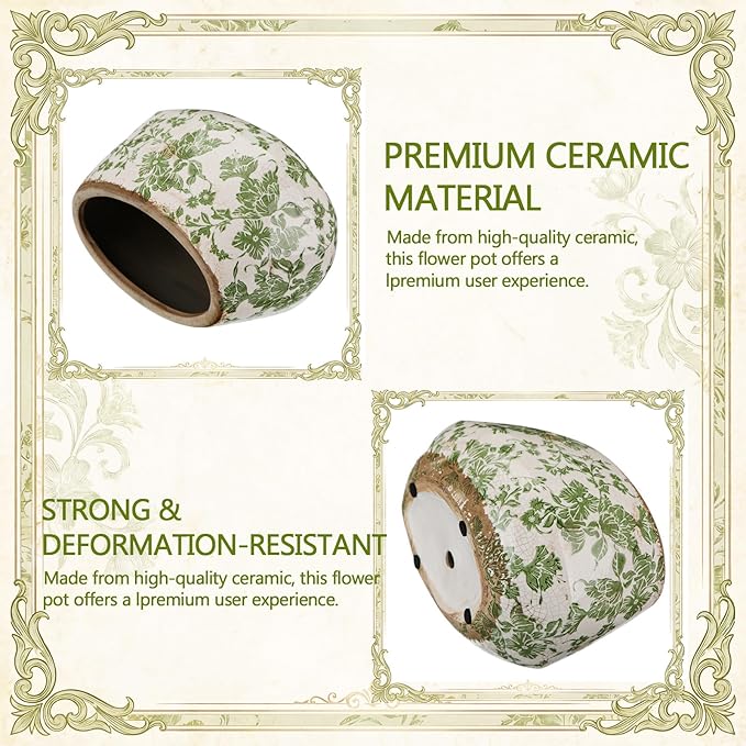9.8 Inch Large Vintage Ceramic Planter Ice Crack Glaze Green Chrysanthemum Floral Flower Pot with Drainage Rustic Decorative Plant Pots Gifts for Home Kitchen Office Indoor Outdoor Plants