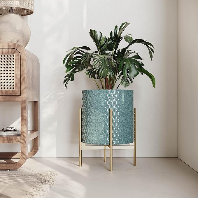EverNest Mid-Century Modern Rhys Honeycomb Embossed Planter Pot with Loki Gold Stand, Metal Indoor Plant Pots, Blue Green Bohemian Style (Small 1 Gallon)