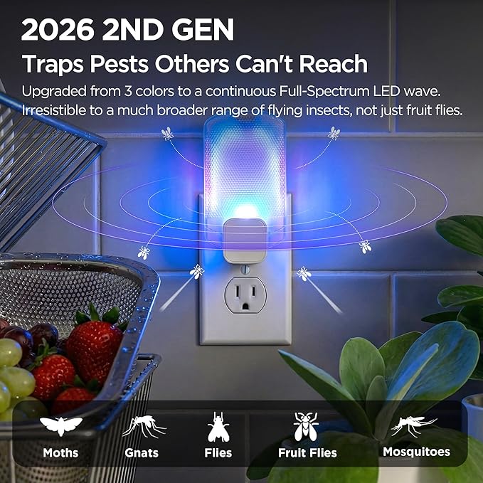 Fruit Fly Traps for Indoors(1 Device+5 Refills) for Fruit Flies, Gnats, Flying Insects, Moths, Bugs, Fungus, 3-in-1 UV/Blue/Yellow Light Plug-in Gnat Traps, No-Mess Bug Zapper, 7 * 24hrs Pest Control