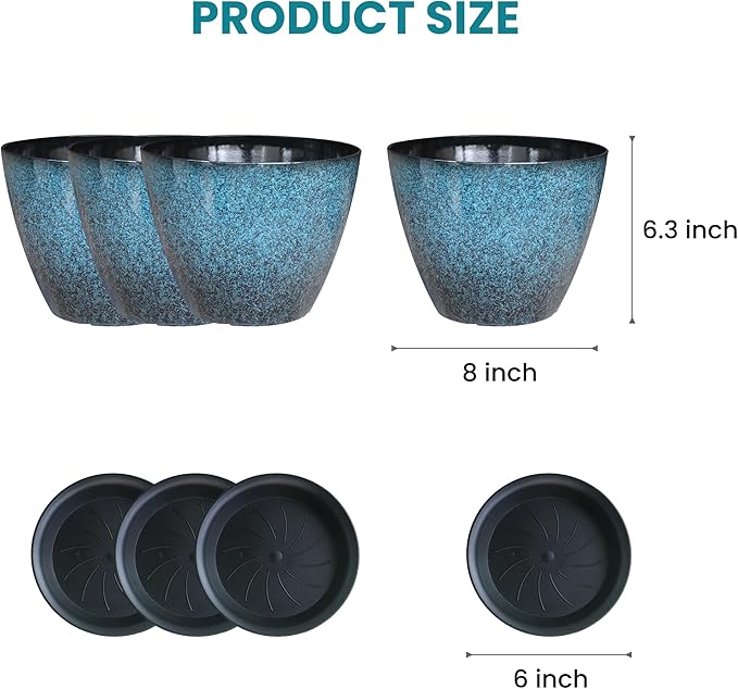 Vanslogreen 8 inch Plant Pots, Pack of 4 Plastic Planter for Indoor Outdoor Plant with Drainage Holes and Saucers, Flower Pots for Garden Home Decor (Blue, 4pcs)