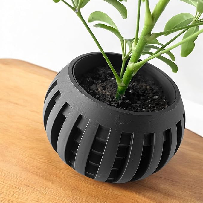 Grove Modern Planter – Black Plant Pot with Slat Design & Drainage, Contemporary Round Flower Vessel for Indoor Plants & Home Decor (Obsidian Black, Outer Dimensions: Compact 6" Width x 4" Height)