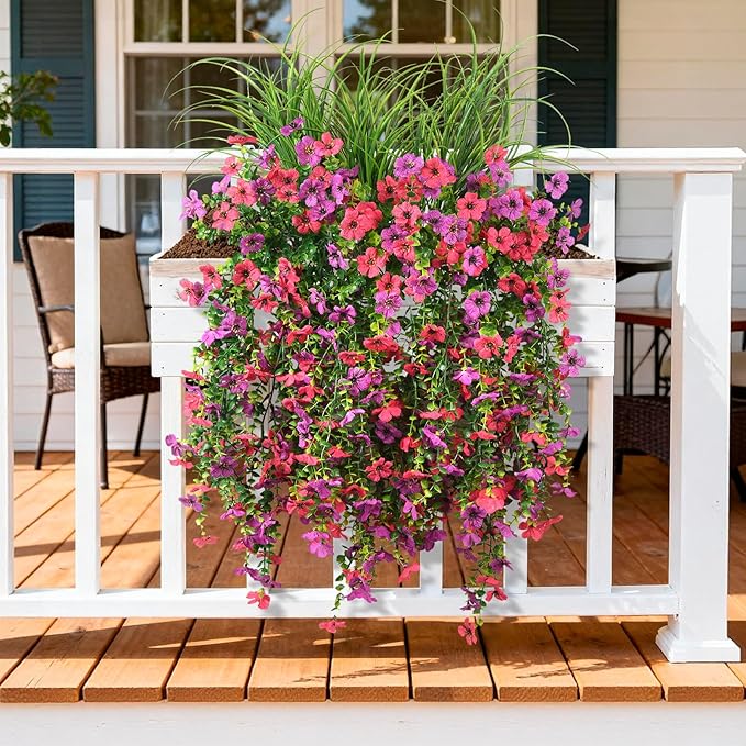 Artificial Hanging Flowers for Outdoors with Wheat Grass, 5 Pcs Fake Hanging Plants for Spring Decor, UV Resistant Faux Silk Flower Greenry for Planter Porch Patio Yard Garden(Purple Hot Pink)