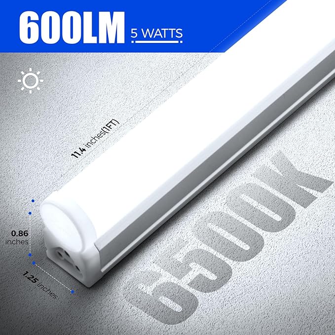 Barrina 6 Pack LED T5 Integrated Single Fixture 1FT, 600lm, 5W, 6500K, Linkable Under Cabinet Lighting, Shop Light for Workbench, Room, Kitchen Tube Light, Garage, Corded Electric with ON/Off Switch