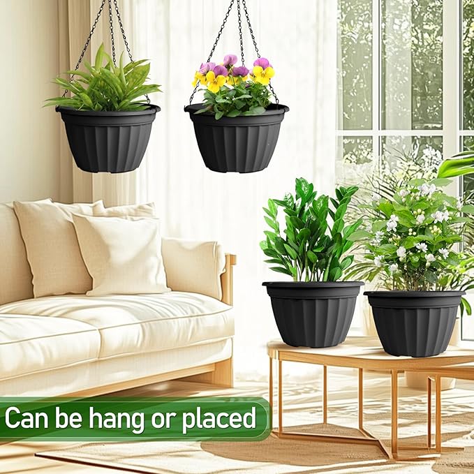 FGstyle 6 Pack Hanging Planters 10 Inch,Self Watering Pots for Indoor Plants,Plastic Hanging Basket with Soil Elevator and 20" Chain for Home Garden Porch Balcony Patio Decor(Black)