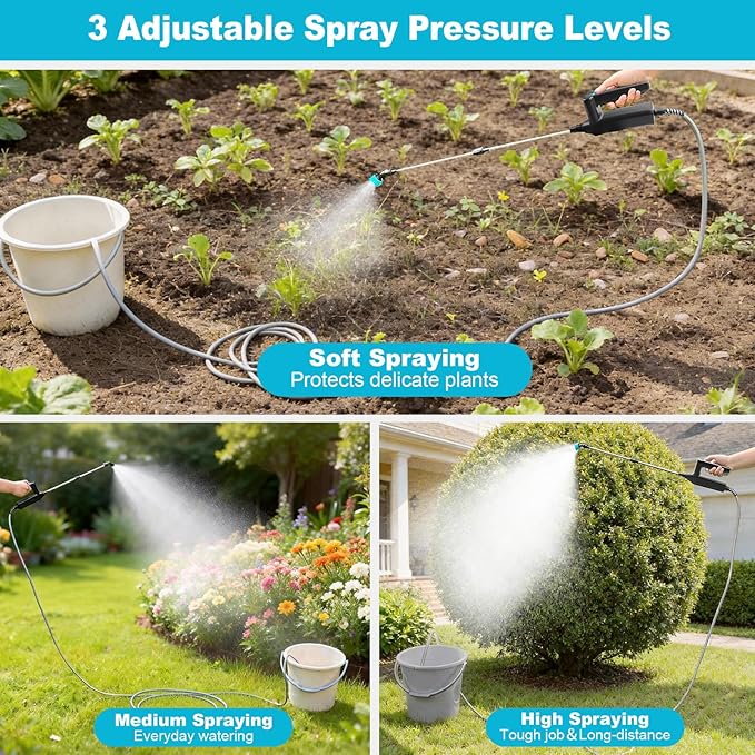 SideKing Electric Sprayer Wand, 3 Adjustable Pressures Battery Powered Garden Sprayer Wand with 31" Telescopic Wand, 16.4FT Hose, 4 Nozzles, Portable Water Sprayer for Lawn, Weed, Yard Care