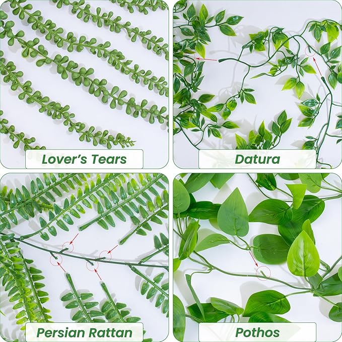 LOYWREE 4 Pack Fake Hanging Plants Artificial Ivy Vine Faux Potted Pothos Mandala Eucalyptus Boston Fern String of Pearls Trailing Plants for Shelf Room Office Home Wall Indoor Outdoor Decor