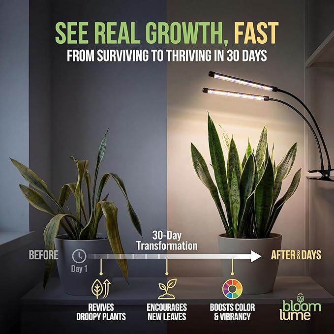 Bloom Lume LED Grow Lights for Indoor Plants Full Spectrum - Features Multi Mode Color Spectrums, Dimmable, Auto Timer, Clip on Goosneck Plant Lamp