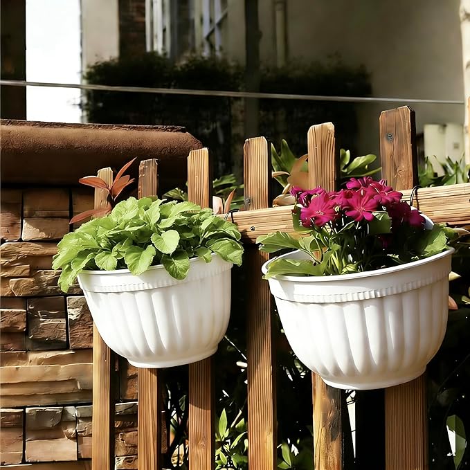ORIMERC 8 Pack White Wall Hanging Planters Pots for Indoor Plants Wall Plants Holder with Drainage Hole Balcony Planters Railing Hanging Pot Fence Vertical Living Mount Outdoor with Hooks/Screws