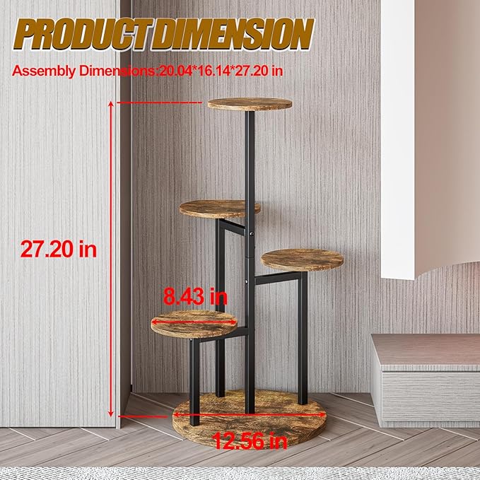 INGIORDAR Plant Stand Indoor Outdoor Corner Flower Stands Multiple Flower Pot Holder for Patio Garden Balcony Living Room 5 Tier Black+Rustic Brown