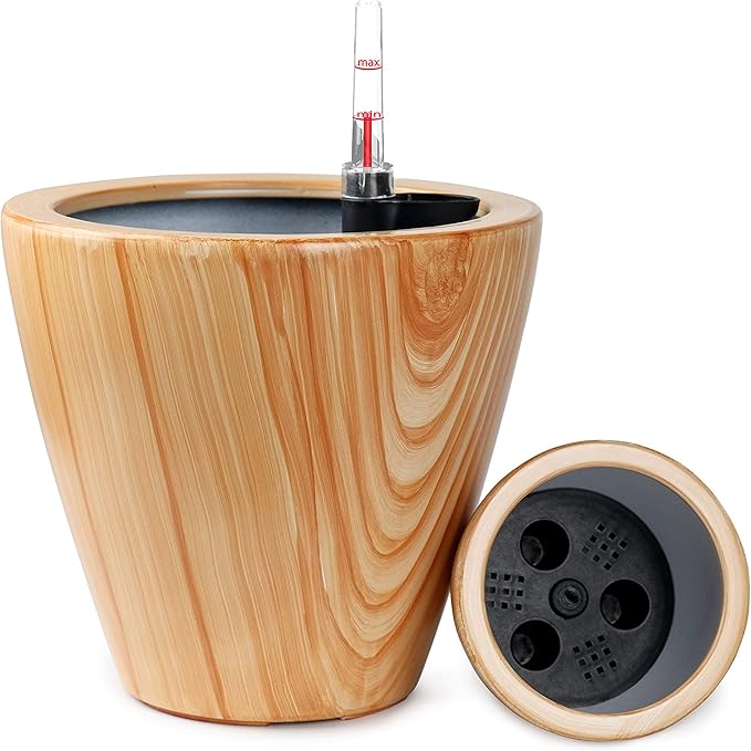 Set of 2, Smart Self-Watering Planters for Indoor and Outdoor - Round, Imitation Pine