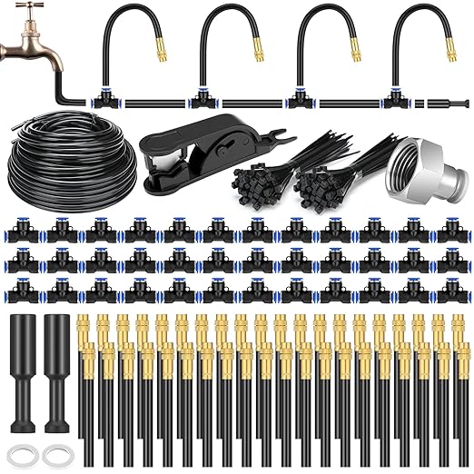 MorningRo 147ft Drip Irrigation Kit, 5/16" Tube Automatic Watering System with 45pcs 360° Adjustable Brass Nozzles, Water Saving DIY for Garden, Lawn, Yard, Greenhouse Plants