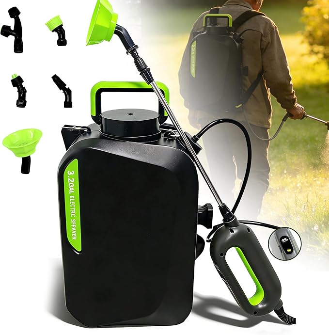3 Gallon Battery Powered Sprayer, Covers 6,000+ Sq Ft per Tank – Electric Sprayer with 5 Interchangeable Nozzles, Handle with 2-Speed Control & Digital Display, for Lawn, Garden & Outdoor Cleaning