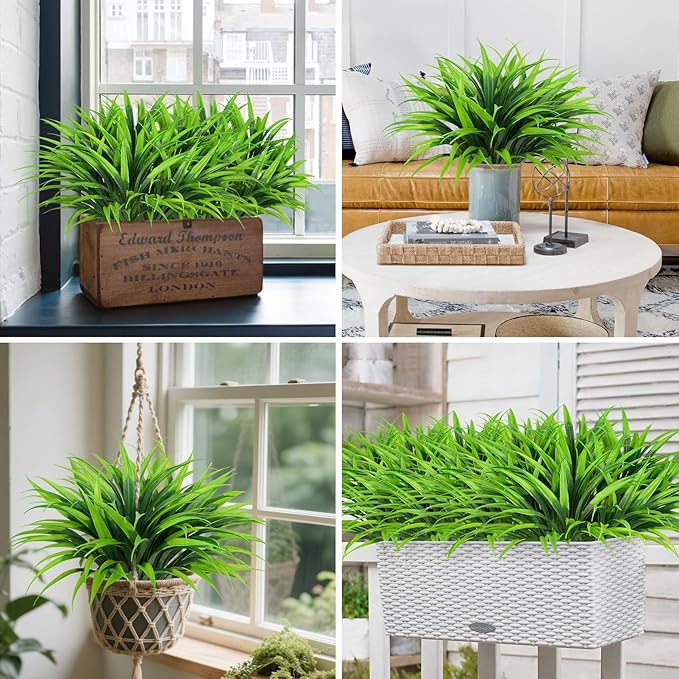 Ouddy Decor 20 Pcs Fake Outdoor Plants Artificial Grass Greenery Stems Faux Plastic Plants UV Resistant for Spring Summer Indoor Outside Garden Hanging Planter Porch Window Box Home Decor, Green
