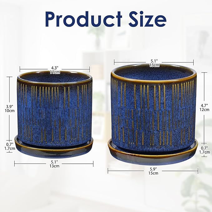 GnFlus Ceramic Plant Pots with Drainage Holes, Set of 2, 4.3+5.1 Inch Stripe Garden Planter Pots for Outdoor Indoor Plants Flower, Round Succulent Orchid Flower Pot Blue