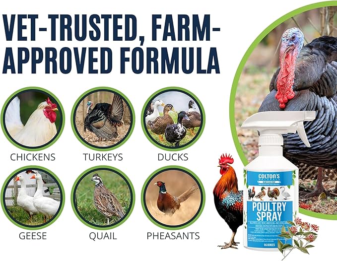 Colton’s Naturals Poultry Spray 16 oz – for Chickens – Helps with Mites, Lice, Fleas & Scaly Leg – Safe for Coops, Birds & Backyard Poultry