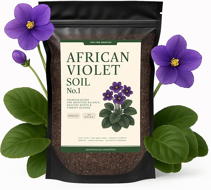 Premium African Violet Soil – Organic, Nutrient-Rich Potting Mix for Saintpaulia – Promotes Strong Roots, Consistent Moisture & Vibrant Blooms – Fast-Draining & Ready to Use (2 QTS)