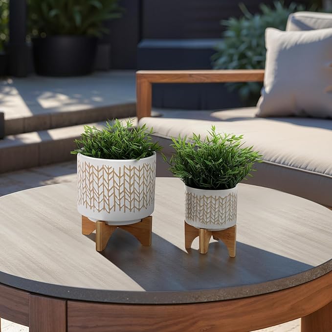 Sagebrook Home Set of 2 Ceramic Planters with Stands - Stoneware Pots with Bamboo Wood Base - Modern Geometric Design for Indoor/Outdoor Plants - Plant Holders for Home & Garden - 11", 7" Ivory & Tan