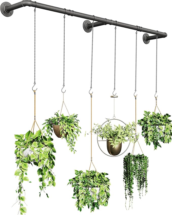 SOFITORG Plant Haning Rod, Hanging Planters for Indoor Plants with 6 Chains, Wall Plant Hanging Bar for Window Celling, 65.7 Inch, Metal Black, Pots Not Included