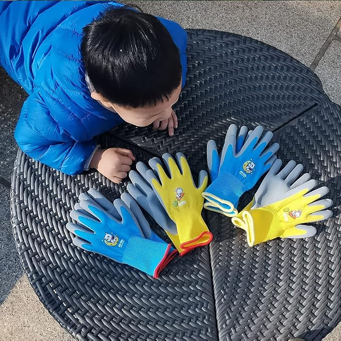 KDK Ages 5-7 Kids Gardening Gloves,Yard Work Gloves for Toddlers, Youth, Girls, Boys, Childrens, Soft Safety Rubber Glove (XXS Age 5-7, 3 Pairs Yellow, Light Blue & Pink)