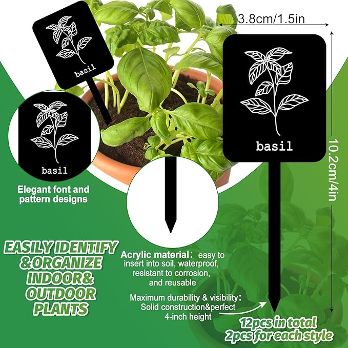 Whaline 24Pcs Acrylic Plant Label Signs 12 Styles Garden Herb Markers Plant Stake Tags Black Waterproof Tags with Herb Names for Nursery Indoor Outdoor Garden Decoration
