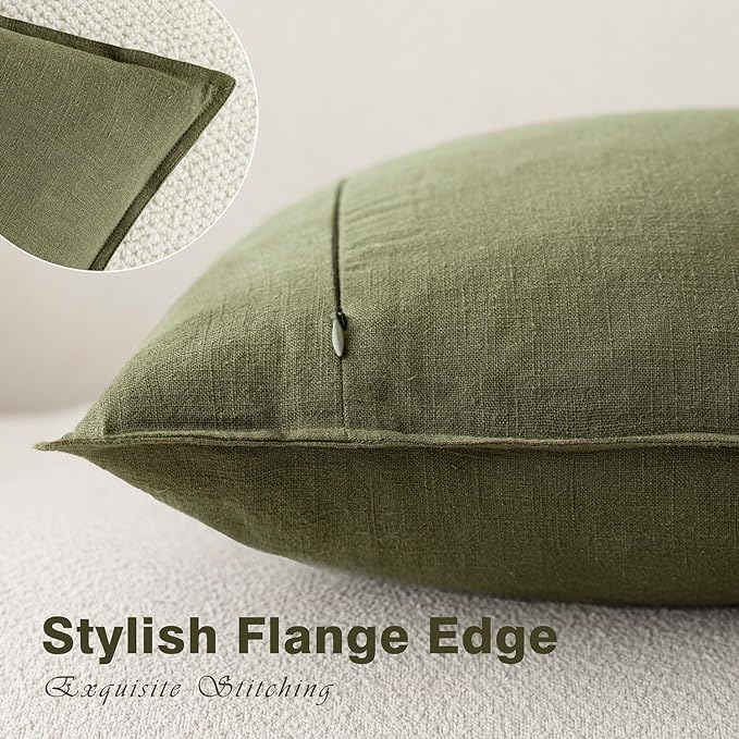 Foindtower Pack of 2, Decorative Linen Soild Throw Pillow Covers Soft Accent Cushion Case Boho Farmhouse Pillowcase for Chair Couch Sofa Bedroom Living Room Home Decor 26 x 26 Inch Olive Green