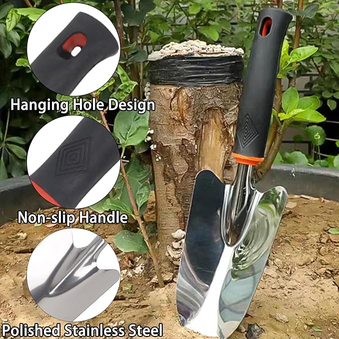 Garden Trowel Hand Shovel, Heavy Duty Stainless Steel Garden Spade with Ergonomic Handle, Soft Rubberized Non-Slip Handle Gardening Tool for Planting, Transplanting, Weeding, Digging Soil